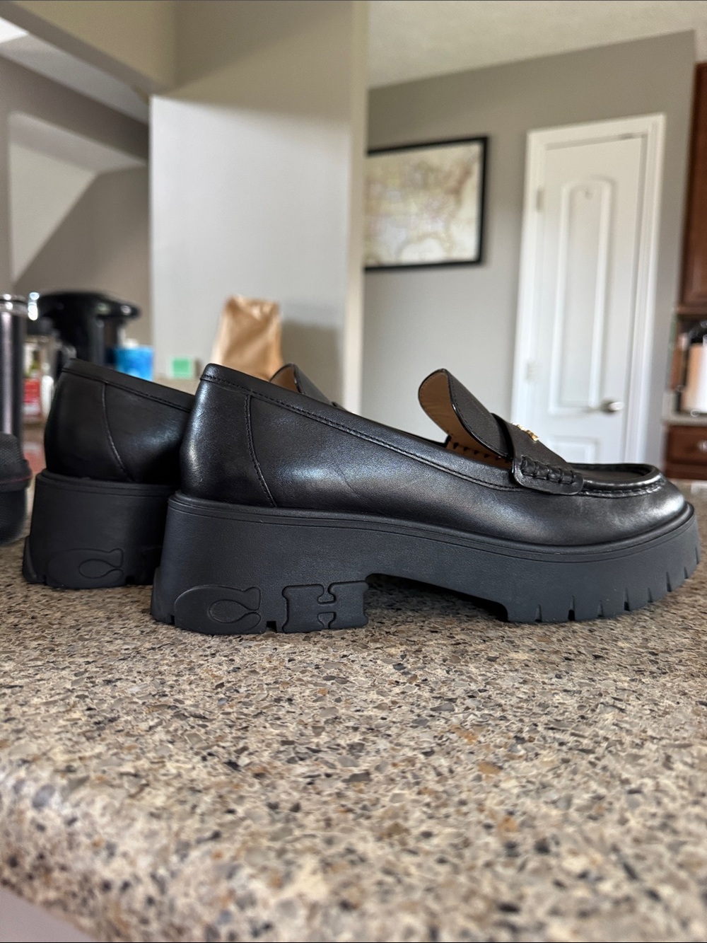 Coach Black Leather Chunky Penny Loafers with Gold Logo - Picture 7 of 17